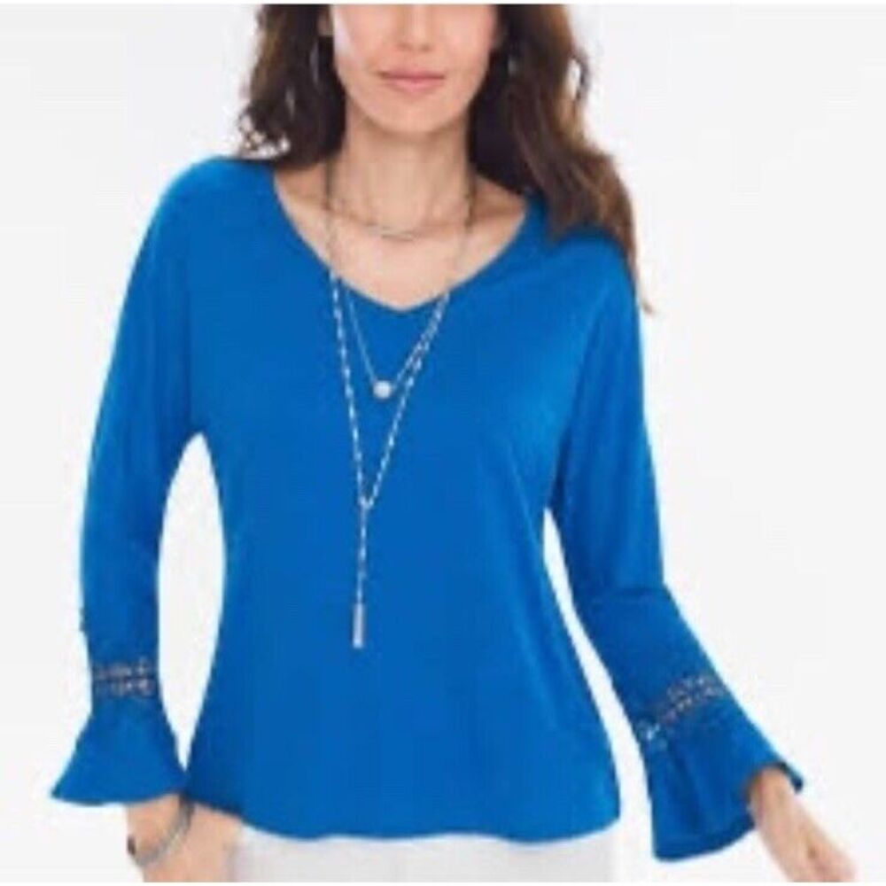 By Chicos Women's Corchet Long Bell Sleeve V Neck Blouse Top Blue Size 0